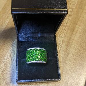 TLV Chrome Diopside White Zircon Ring in Rhodium